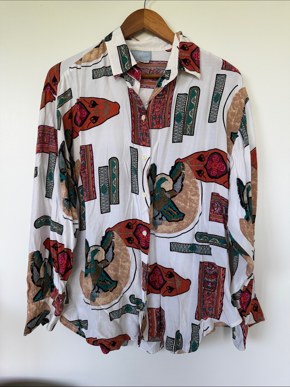 White Patterned Button-Up Shirt with Multicolor Print